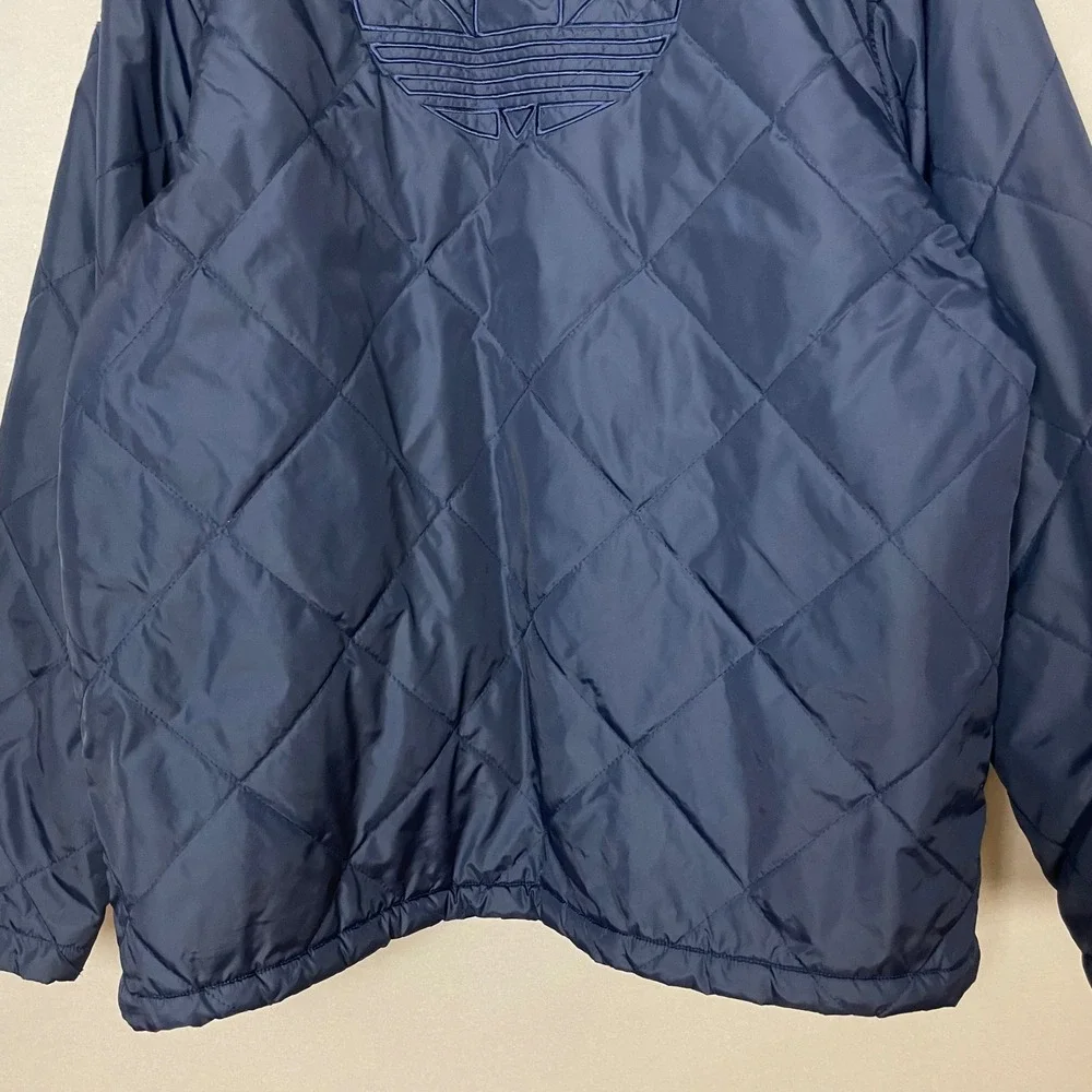 Adidas‎ Quilted Jacket Coach Navy Blue Men Large Snap Front Collar Boxy Fit Coat